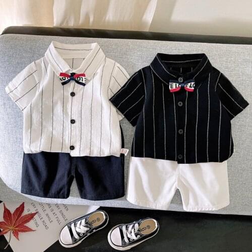 Summer Baby Boys Short Sleeve Shirts + Cotton Shorts 2 Pcs Suit Kids Clothes Sets Toddler Boy Striped Bow Shirts Sets Outfits
