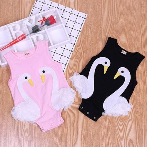Summer Toddler Baby Girl Body Suits Sleeveless Girls' Lace Jumpsuit Cotton Baby Romper White Swan Triangle Pink Romper