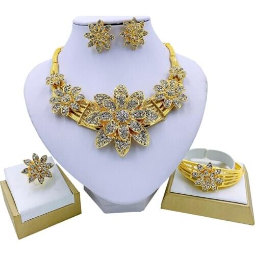 Dubai Fashion Jewelry Sets Flower Necklace Bracelet Charm Women Earrings Ring Luxury Jewelry Bridal Wedding Jewelry Set