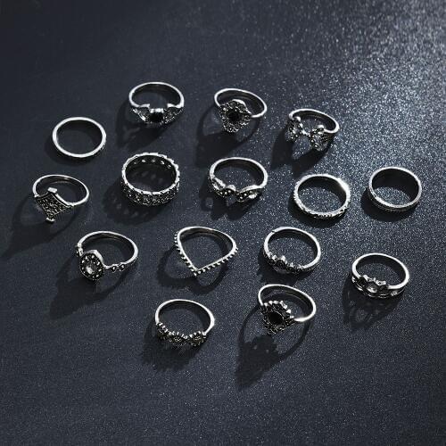 15PCS/Set Fashion Women Girl Black Rhinstone Crystal Midi Finger Ring Set Vintage Punk Boho Knuckle Rings Jewelry