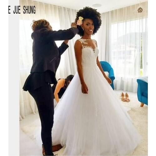 E JUE SHUNG African A Line Wedding Dresses O Neck Sleeveless Tulle Bridal Gown Mariage Appliques Lace Up Back Vestidos De Noiva