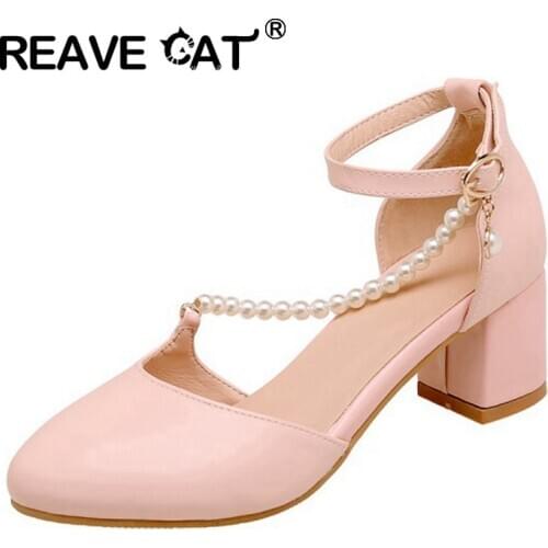 REAVE CAT New 2021 Women Pumps Round Toe 5cm Block Heels Buckle Pearl Concise Elegent Stylish Big Sze 31-43 Casual Summer A3800