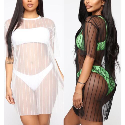 Sexy Women See Through Short Sleeve Cover-up Sunscreen Beach Bikini Cover Dress Sexy Women See Through Mini Dress For Bikini