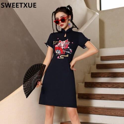 SWEETXUE Chinese Style Cheongsam Young Retro Dress 2021 Fashion Cute Printed Japanese Harajuku Women Dress Vestidos