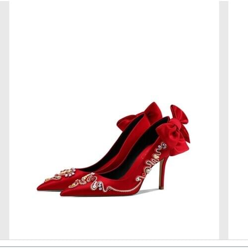 2021 spring bow silk bridal wedding shoes stiletto high heel pointed shallow mouth banquet dress rhinestone single shoes women