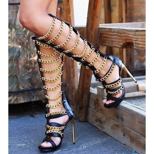 Fashion Women Golden Chains Embellished Summer Knee High Boots Woman Hollow Out Peep Toe Thin Heels Sandals Boots