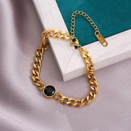 Stainless Steel Thick Link Chain Bracelet for Women Black Crystal Hand Chain Bracelet Jewelry