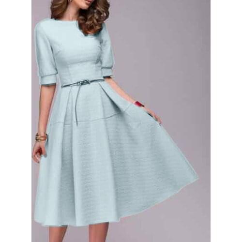 40# Elegant Dress Women Casual Half Sleeve Retro Work Office Line Knee Length Dress Solid Elegant Party Dress Vestido De Mulher