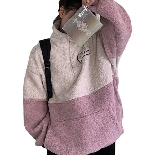 Winter Korean Casual Women Hoodie Sweatshirt Harajuku Lamb Wool Zipper Half High Collar Coat Letters Hush Baby Female Pullover