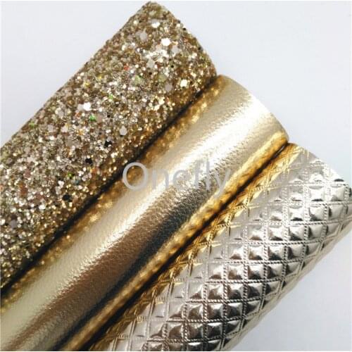 Onefly 21X29CM Gold Glitter Leather, Plaids Embossed Synthetic Leather Fabric Sheets For Bow DIY handbags shoes BQ023