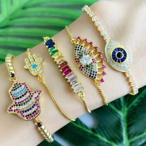 2021 Tenday Rainbow CZ Hand Protection Bracelets For Women Crystal Evil Eyes Protection Bracelet Gold Charms Pendant Jewelry