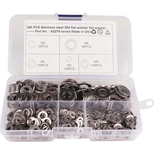460PCS/Pack M3 M4 M5 M6 M8 Stainless Steel Flat Washer Plain Washer Gaskets Assortment Kit Household Car Tools