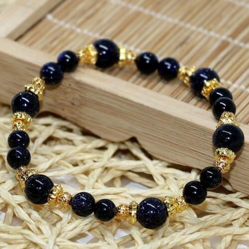 8mm natural stone blue sandstone round beads women bracelets gold-color spacer high quality new arrival jewelry 7.5inch B2093
