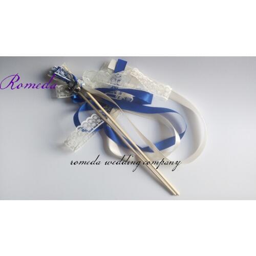 FREE SHIPPING Style D cream + royal ribbon + lace wedding wands with bell Wedding Ribbon Stick,ribbon Twirling Streamers
