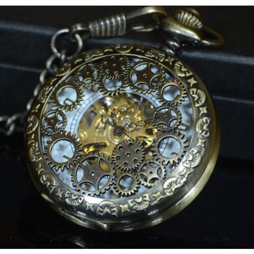Bronze Steampunk Luxury Fashion Vintage Antique Skeleton Mechanical Pocket Watch Men Chain Necklace Casual Pocket & Fob Watches