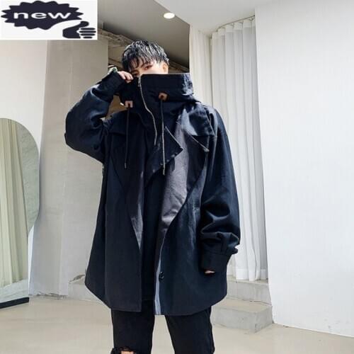 Punk Hooded Black Jacket Loose Casual Patchwork Vintage Cargo Jackets Male Harajuku Lapel Zipper Windbreakers Fashion Mens Coats