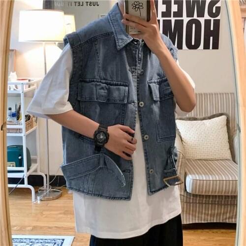 Hong Kong style lapel denim vest boys 2021 tide brand new summer tooling jacket trend spring and autumn vest