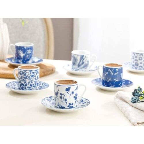 Porcelain Set of 6 Coffee Cups 80 ml Navy Blue Turkish Coffe Cups Blue White Coffee Cups