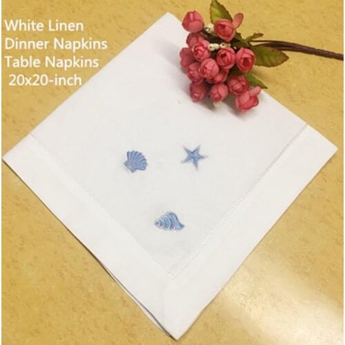 Set of 12 Fshion Dinner Napkins 20"x20"-inch White Hemstitch Linen Table Napkins Embroidery Blue Neptune/Conch/shell Tea Napkins