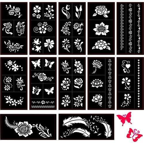 Henna Tattoo Stencils Kit (12 Sheets),Self-Adhesive Butterfly/Feather/Flower Designs for Body Painting Temporary Templates
