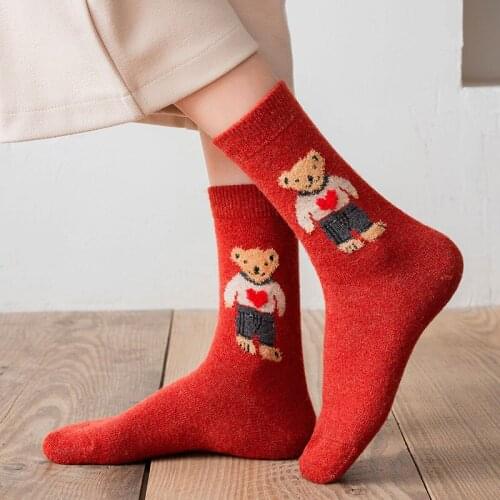 Cartoon Bear Socks Women Autumn Winter Thick Warm Wool Socks Korean Cute Kawaii Harajuku Designer Fashion Socks Women
