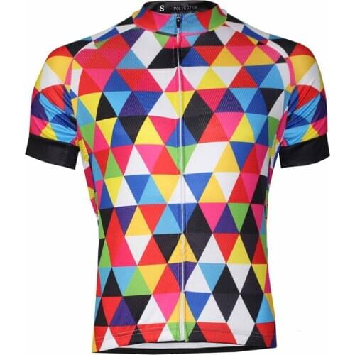 HIRBGOD 2020 New Men Short Sleeve Cycling Jersey Colorful Triangles Bicycle Shirt Tops Breathable Dazzling Print Jerseys,MT349