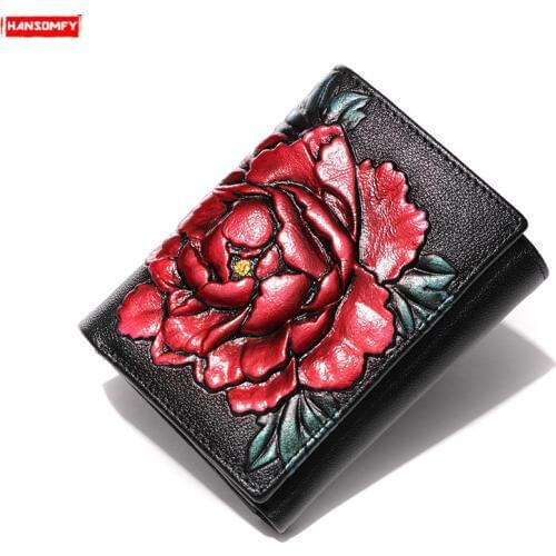 Fashion New Mini Thin Women Wallets Clip Painted Flowers Bag Card Package Coins Purses Short Section Genuine Leather Female Soft