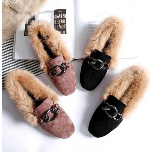 2019 Autumn And Winter New Style Rabbit Hair Flat Top Shoes Fur-lined Shoes Woolen Cotton Side Scoop Bootie Fluffy Female Loafer