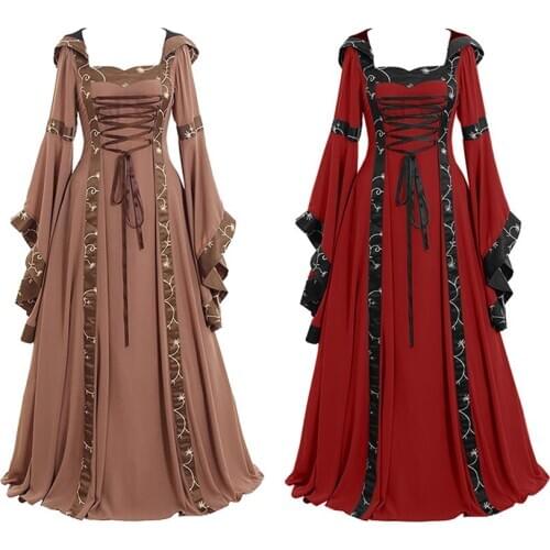 Medieval Renaissance Dress Bandage Flare Sleeve Elegant Hooded Evening Party Dresss Victorian Halloween Cosplay Costume