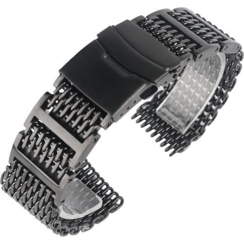 20/22/24mm Black Stainless Steel Shark Band Mesh Women Replacement Men Watch Strap Solid Watchband Fold Over Clasp With Safety
