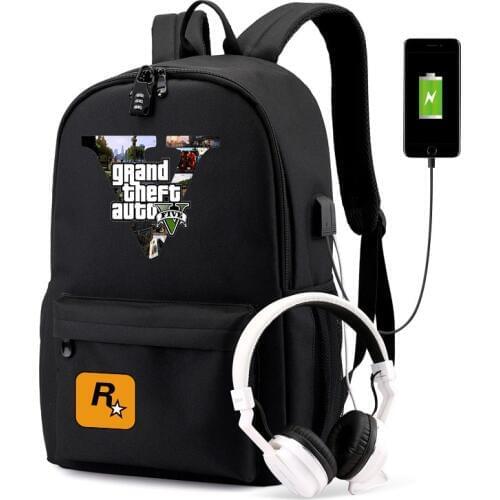 Anime Grand theft Auto GTA5 Game USB Backpack Bag w/ USB Port/Lock /Headphone Travel School Students Mochilas