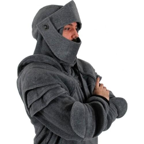 Warm Solid Color Front Pocket Pullover Hoodie Medieval Style Face Cover Hooded Men Sweatshirt Halloween Clothing for Outdoor