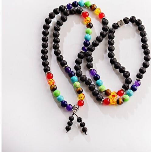 Vintage Men 7 Chakra Buddhist Lava Stone Necklace Boho Beads Necklace/Bracelet Meditation Lucky Jewelry
