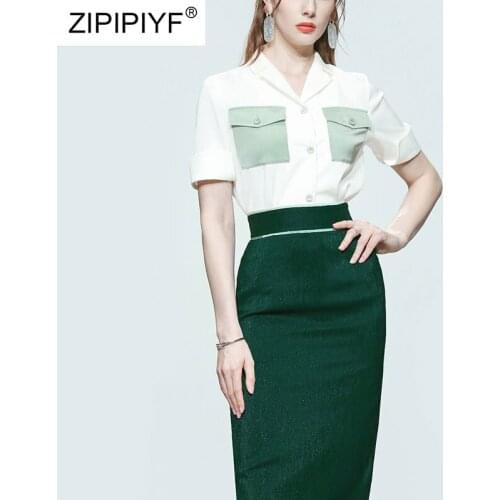 2021 Summer Runway Fashion Turn Down Neck Short Sleeve Single-Breasted Pockets Blouse High Waist Pencil Long Skirt Suits Z380