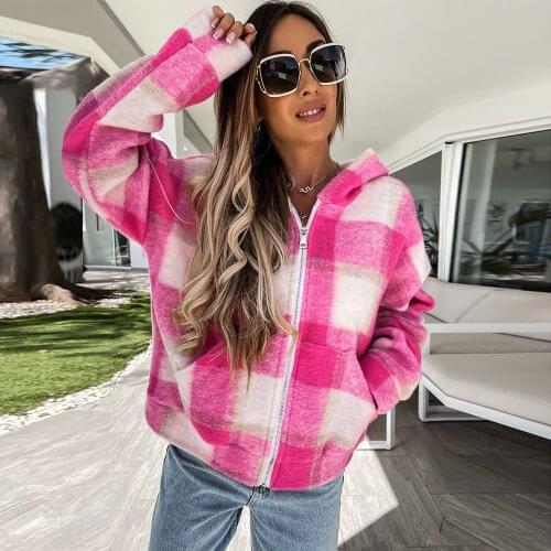 Womens Autumn Winter 2021 New Oversized Plaid Plush Multicolor Hooded Jacket Zipper Warm Casual Blouse For Fashion