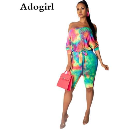 Tie Dye Print Off Shoulder Jumpsuit Woman Sexy Slash Neck 3/4 Sleeve High Wasit Sashes Knee Length Pants Casual Romper Playsuit