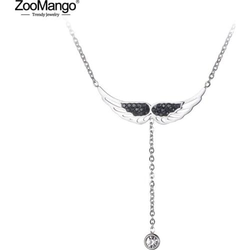 ZooMango Cubic Zirconia Angel Wings Choker Necklaces Titanium Stainless Steel Rhinestone Pendant Jewelry For Women Girls ZN19024