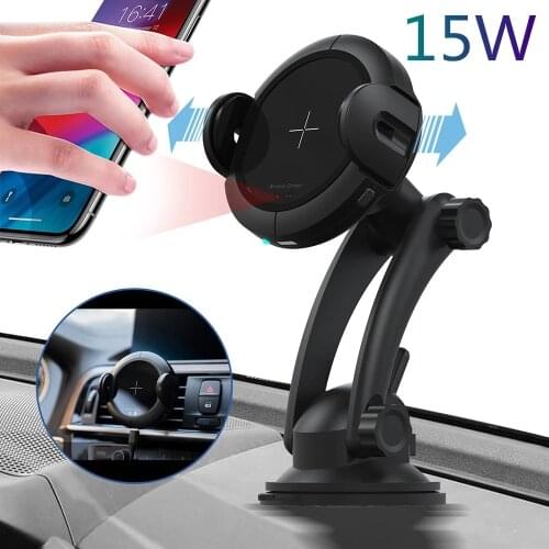 15W Wireless Car Charger Phone Holder for IPhone Fast Charging Mount Dock for Huawei Auto Clamping Wireless Car Charger