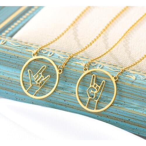 Hollow gesture necklace gold stainless steel chain love fist rock gesture birthday gift mom gift Sign Language Jewelry BFF