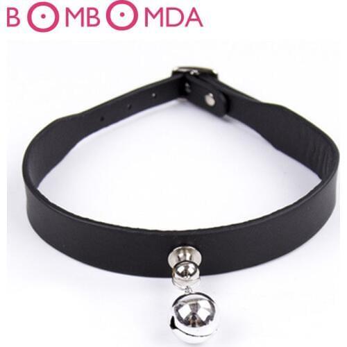Sexy Black Adjustable Queen Bell Neck Collar Black Leather Binding Toys Nightclub Performance Neck Collars Ring Adult Games O3