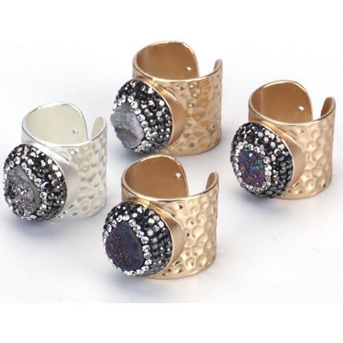 Dankaishi Women Jewelry Punk Accessories Metal Rings for Men Women Natural Stone Layer Paved with Rhinestone Druzy Quartz Gift