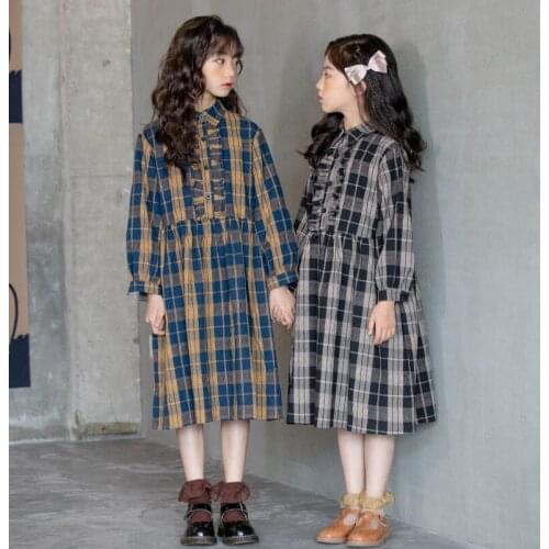 Mori Kids Girls Plaid Long Sleeve Long Dress 8.10 12 years Japanese style Teen Girls Clothes