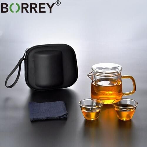 BORREY Travel Tea Set Portable Glass Teapot Infuser Set For Loos Tea Heat-resistant Glass Teapot With Travel Bag Kung Fu Tea Set