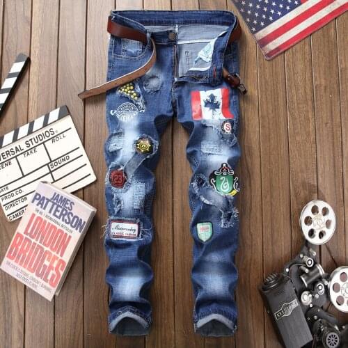 Hip Hop Hipster Streetwear Ripped Jeans Mens Individuality Embroidered Beggar Denim Pants Male Casual Patchwork Cowboys Trousers