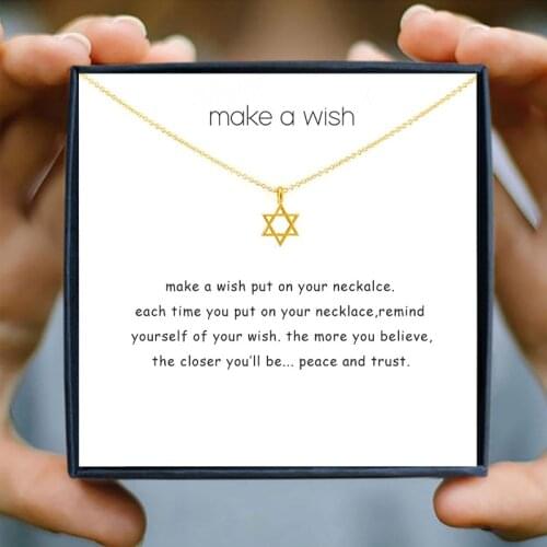 IcareU Magic Hexagram Star Pendant Necklace Spiritual Wisdom Make A Wish Card Gift Box Send Flannel Bag Gold Chain Jewelry