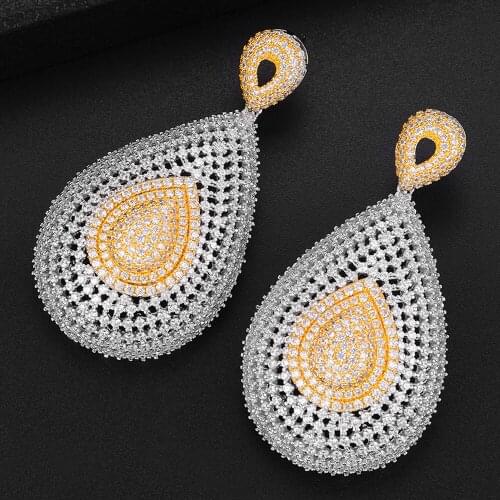 JIMBORA 59mm Long Popular Trendy Waterdrop Hollow Pendant Earring Full Cubic Zirconia Dangle Earing Women Wedding Bridal Jewelry