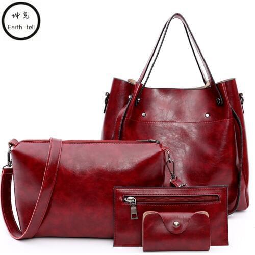 4pcs Set Women Shoulder Messenger Bag Oil Wax PU Leather Tote Picture Package Female Rivets Retro Leisure Handbag With Wallet