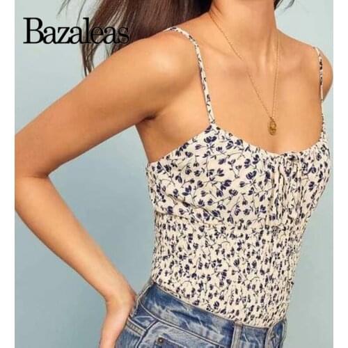 Bazaleas Fashion Center Bow Women Tank Top Vintage Navy Floral Print women Camis Slim spaghetti strap Women crop top