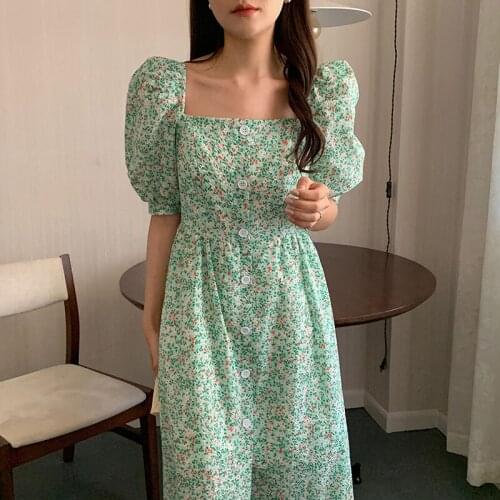 Fashion Ladies Floral Dress Square Collar Exposed Clavicle Summer Women Dress Casual Single-Dreasted Puff Sleeve Female Dresses
