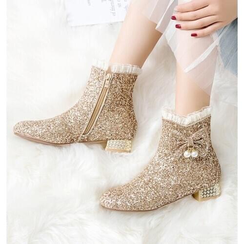 OLOMLB US4-11 Womens Sequins Bling Ankle Boots Bowknot Lace Pearls Wedding Chunky Low Heel Side Zip Shoes Gold Sliver Pink Plus